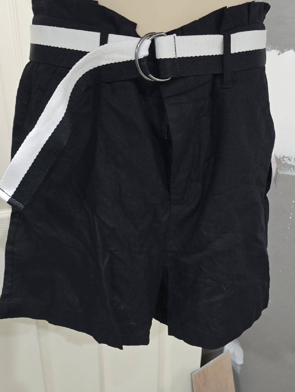 sofia by sofia vergara Black High-Waist Paperbag Shorts with White-Trim Web Belt